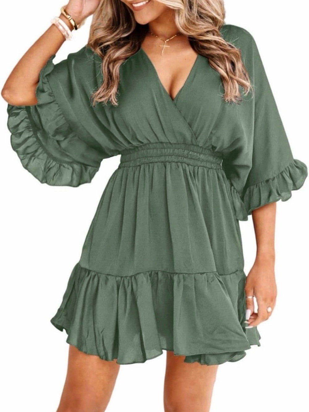 AOYSKY Women's Olive Green Ruffle Dress